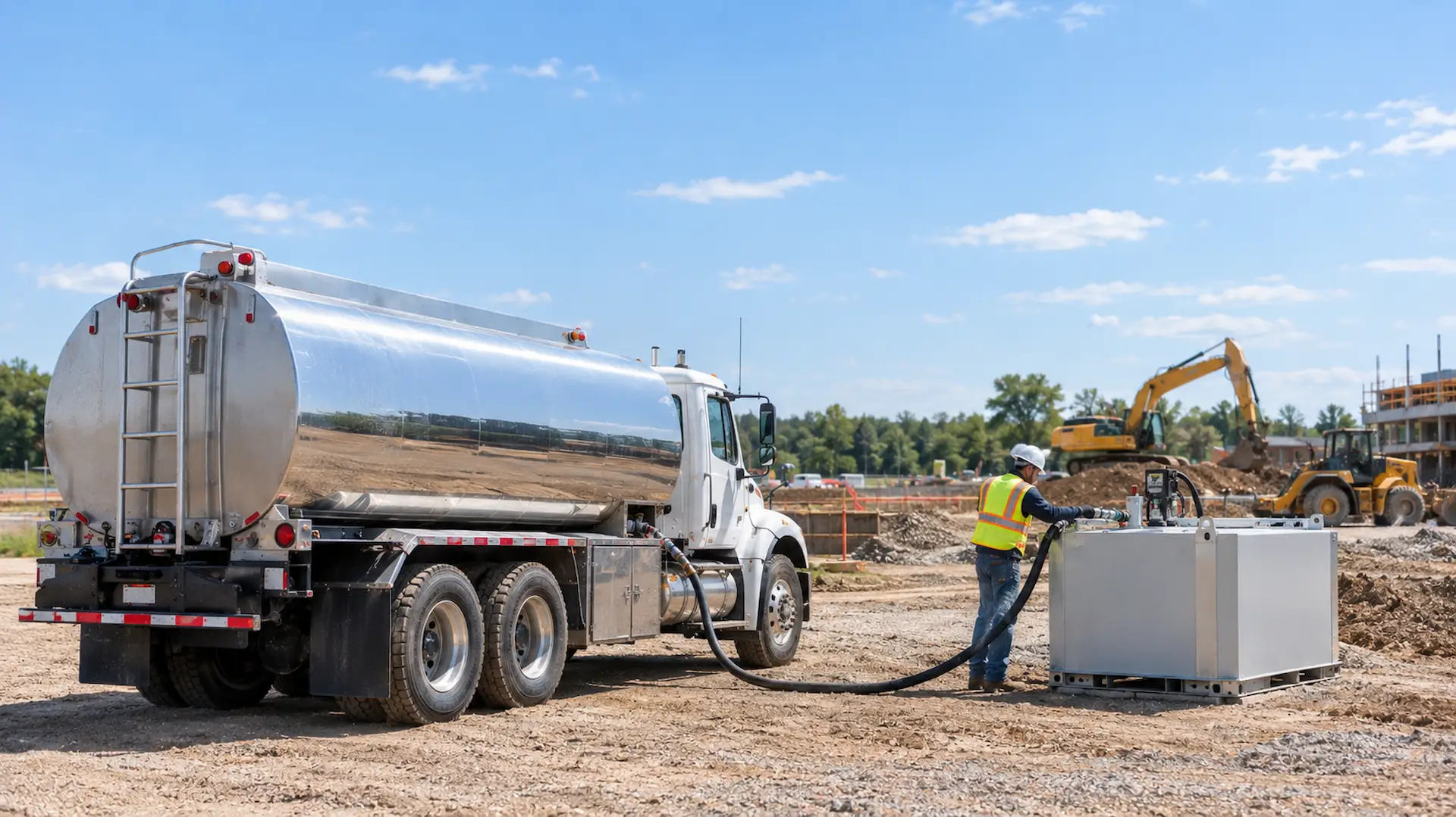 A fuel delivery truck refueling an on-site diesel tank at an active construction job site