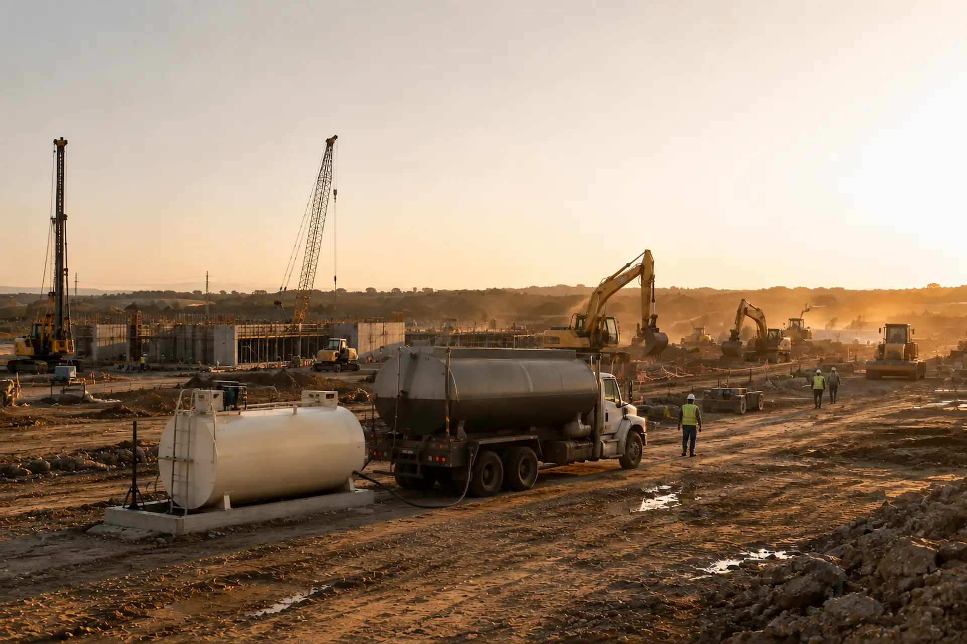 A fuel delivery truck and on-site fuel storage at a large industrial job site at golden hour, with heavy equipment working across the site