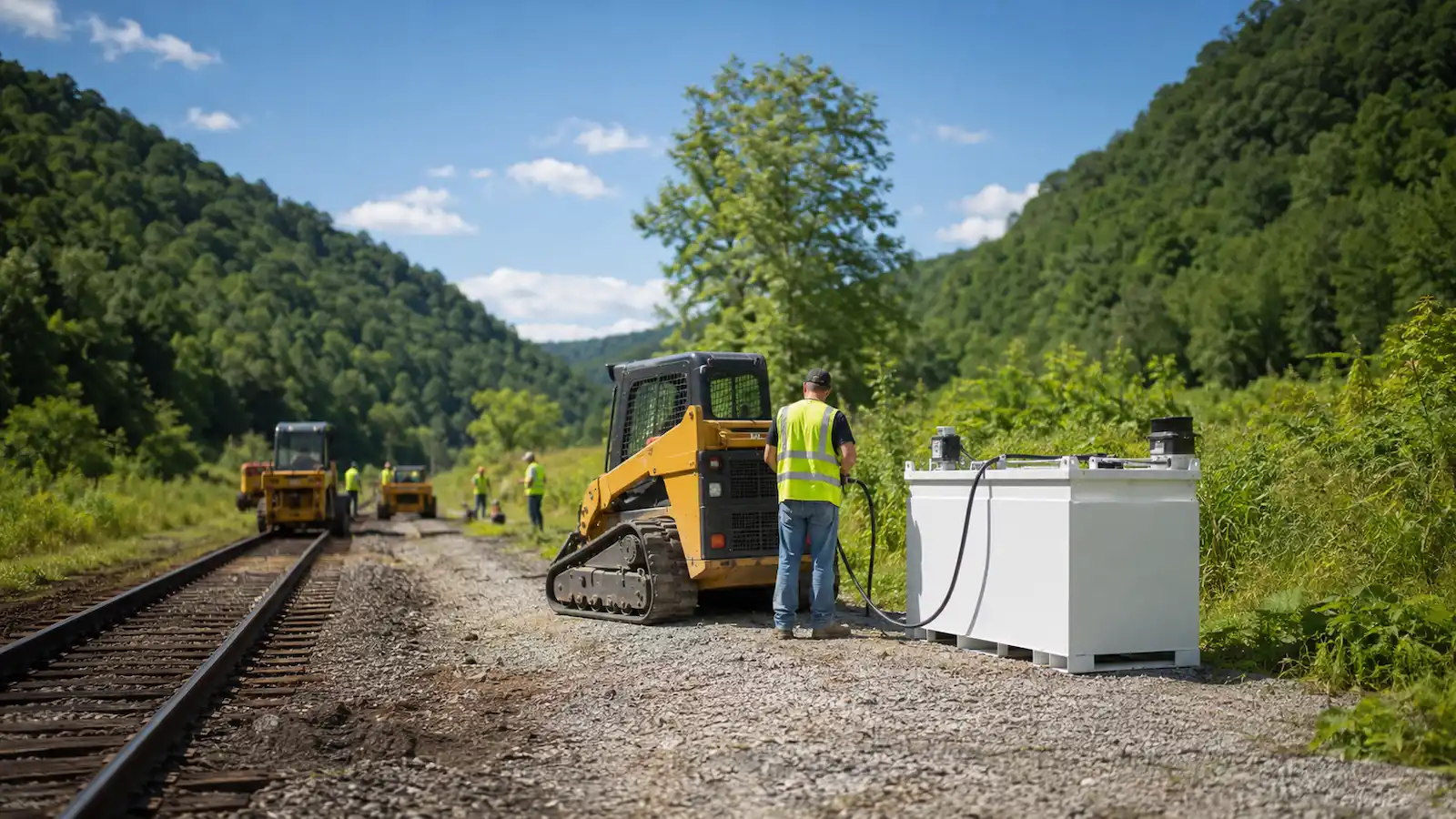 A worker refueling a skid-steer from an on-site diesel fuel tank beside a railroad track, with a rail crew working in the background on a clear day