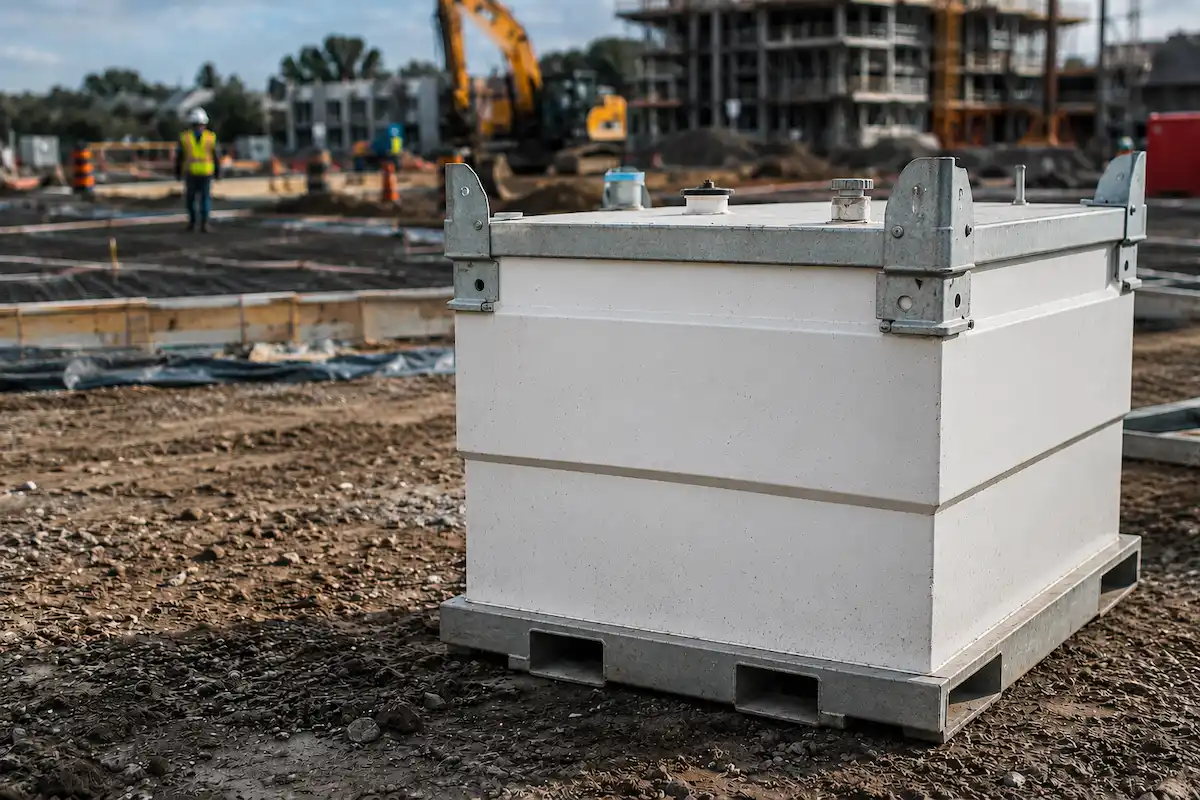 A clean modern on-site diesel fuel cube tank on a construction site, with equipment working in the background